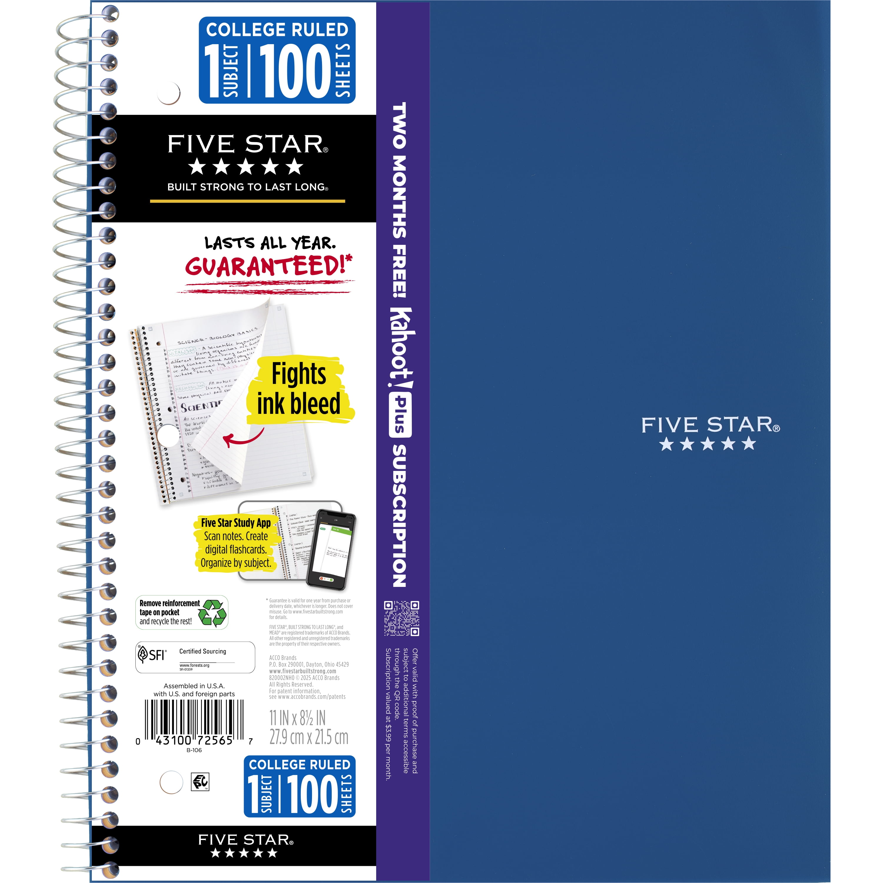 (4 pack) Five Star 1 Subject College Ruled Notebook Plus Study App, 8.5" x 11", Pacific Blue, Poly, Spiral, 100 Sheets