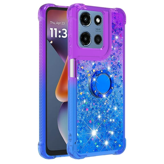 Phone Case for MOTO G 5G 2025 Case with Ring Kickstand, Cute Glitter Bling Sparkle Quicksand Flowing Liquid Clear Gel Silicone ShockProof Cover for MOTO G 5G 2025 Girls-B4