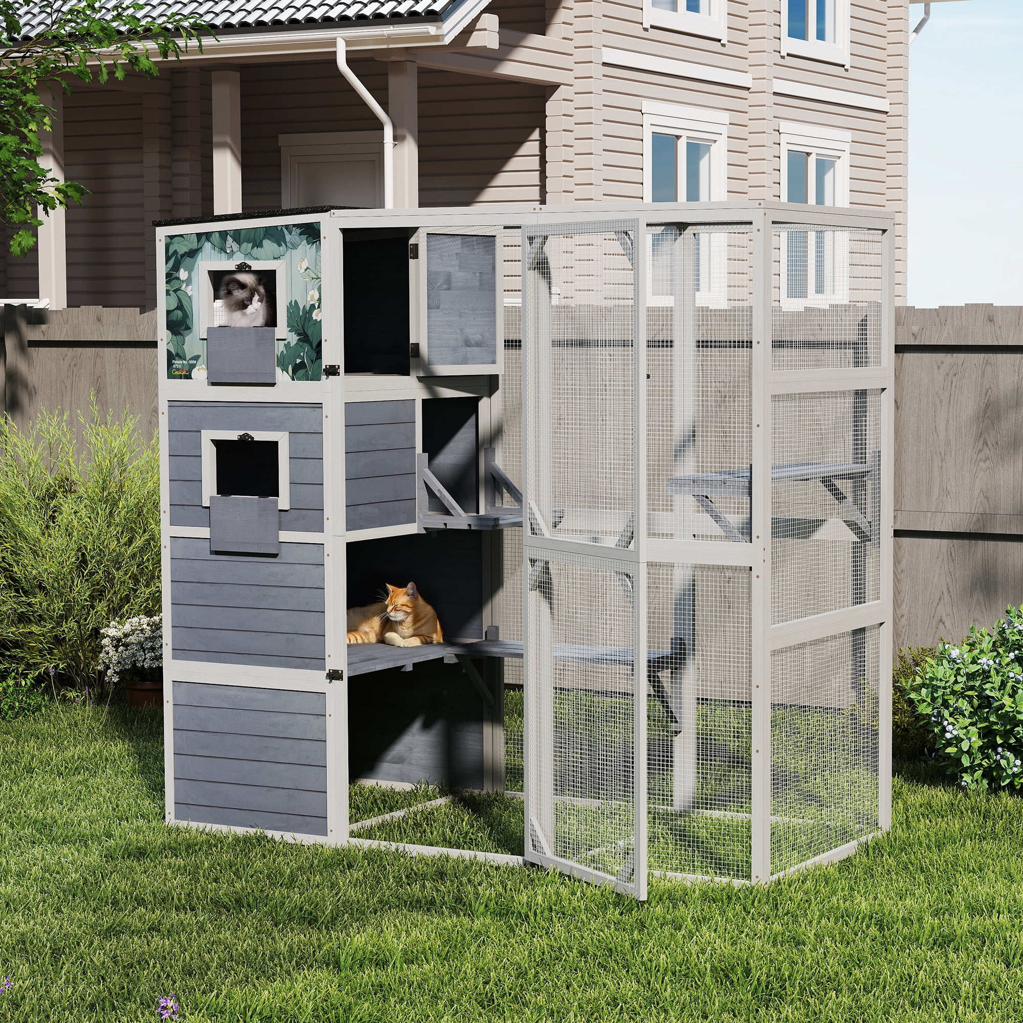 COZIWOW Wood  Cat House Catio Outdoor Enclosure, 2 Resting Condos, 2 Platforms, 4-Tier Cat Play Cage, Gray with Pattern