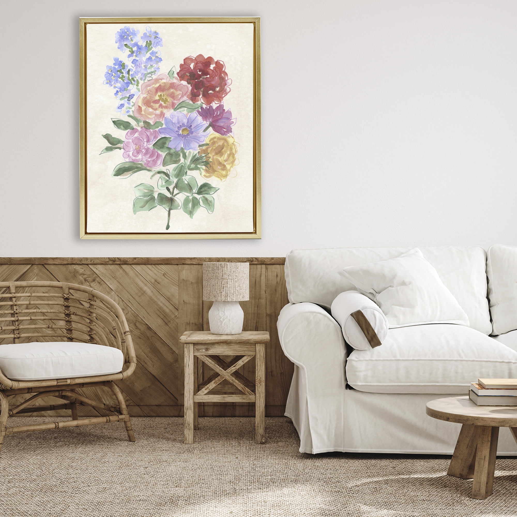 Stupell Industries Mixed Blooms on Parchment Gold Framed Floater Canvas Wall Art, design by June Erica Vess