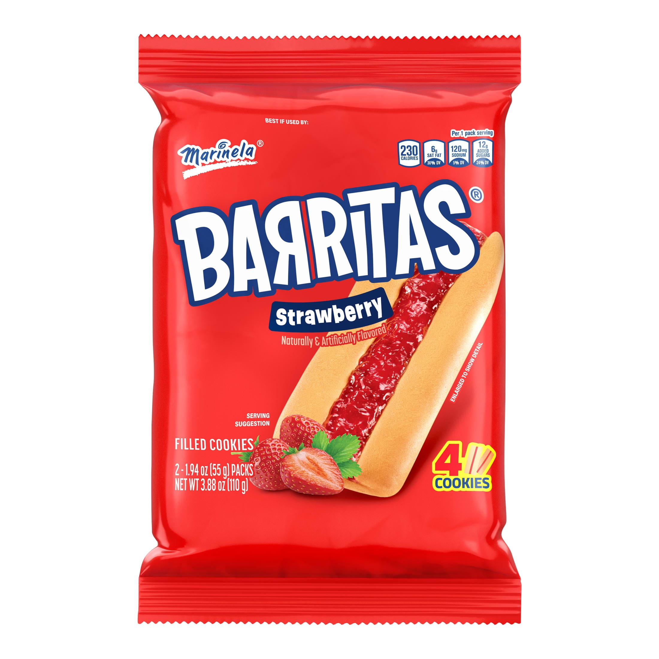 (4 pack) Marinela Barritas Fresa (Twin Pack) Filled Cookies, 2 packs, 3.88 oz