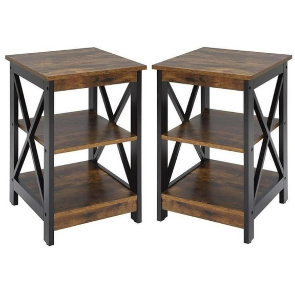 Home Square End Table with Shelves in Nutmeg Wood Finish - Set of 2