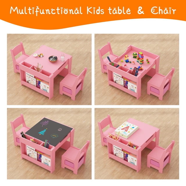 GloryStar Kids Table and Chair Set with Storage Drawers, Removable Tabletop and Bookshelf, Toddlers Activity Table and 2 Chairs for Drawing Reading Crafts Art Classroom Homework Nursery