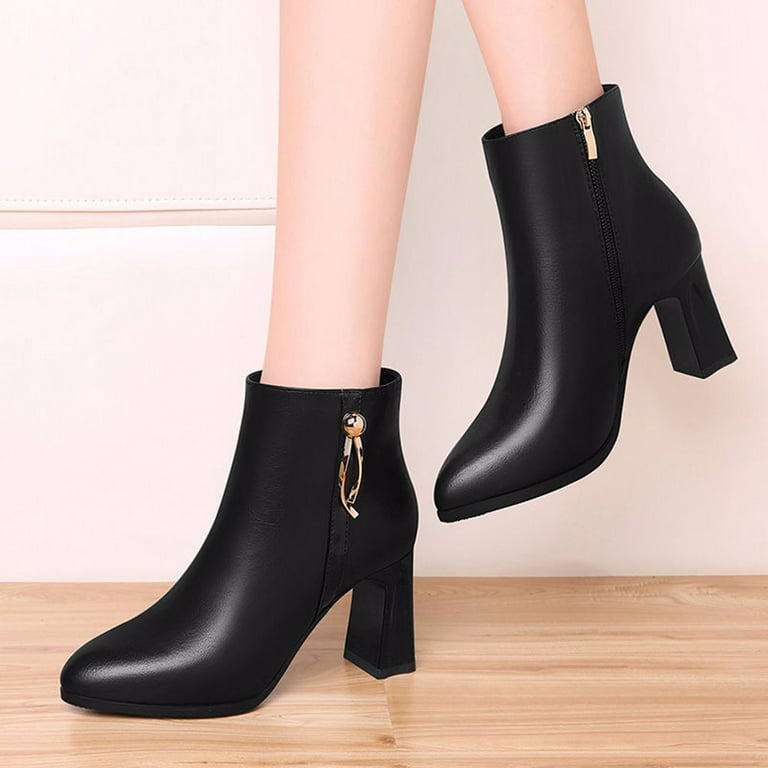 Ankle Boots for Women Pointed Toe Chunky High Heel Boots Side