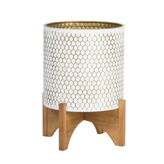 Aspire Home Accents 18" x 14" Round Gold/White Metal Honeycomb Plant Pot with Wooden Base