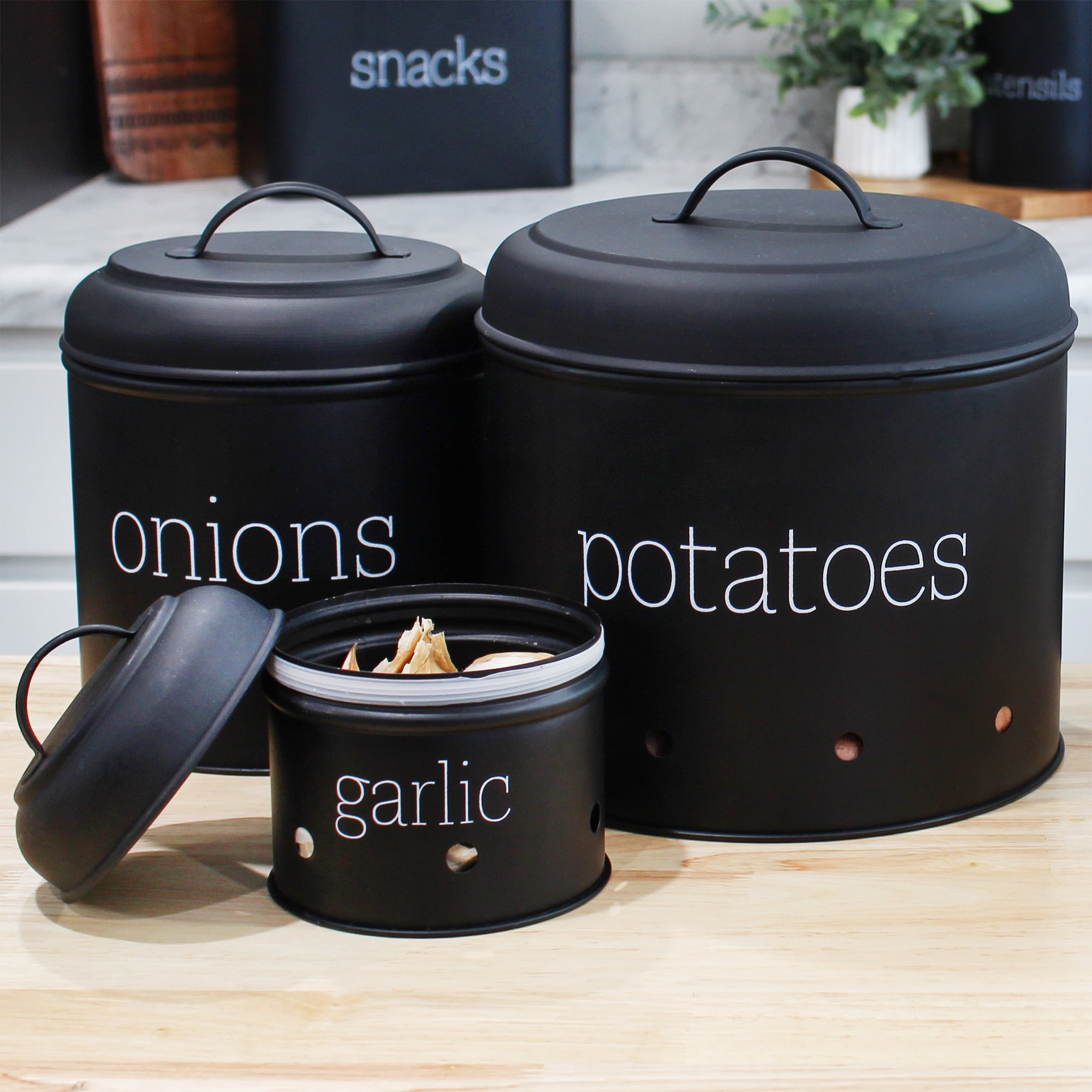 Potato, Onion & Garlic Kitchen Storage Canisters, Set Of 3, Farmhouse  Collection Black : Target