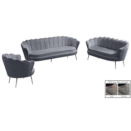 Glam GREY Velvet Channel Tufted Sofa Set 3 Pcs GARDENIA 684Grey Meridian Modern