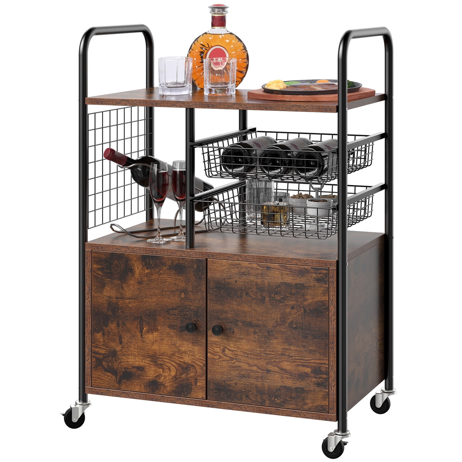 YITAHOME Bar Cart Mobile Wood Metal Kitchen Serving Cart Rolling Kitchen Island Cart with Cabinets Kitchen Storage Cart with Glass Holder, Rustic ...