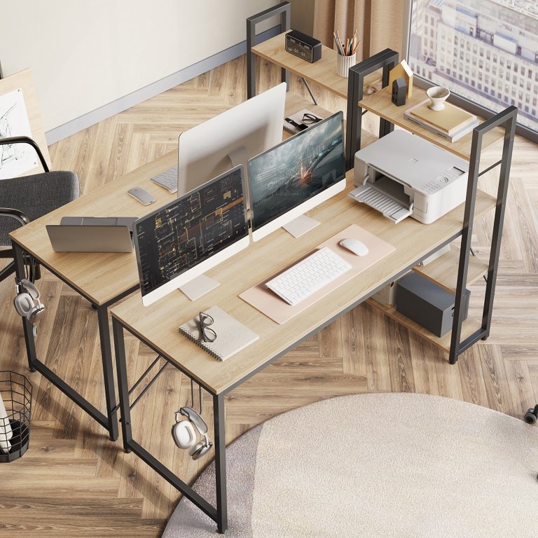 Bestier Computer Office Desk with Steel Frame, Reversible Book Shelves,  Headphone Hook, Adjustable Feet, & Under Desk Storage, Oak