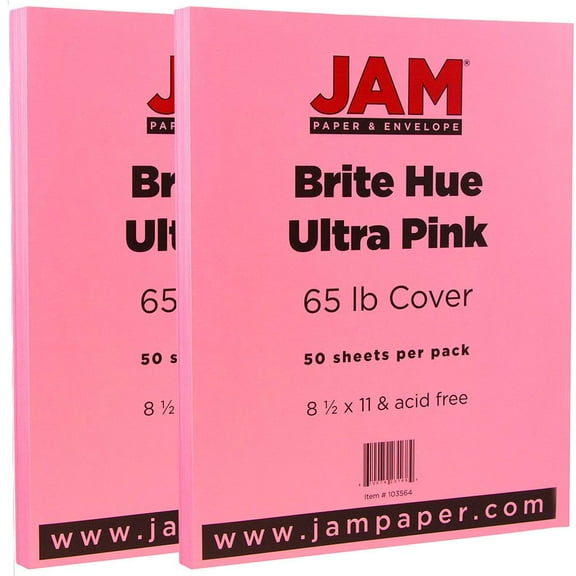 JAM Paper Solid Colors, 8 1/2 x 11, Ultra Pink, 65lb, 2 packs of 50
