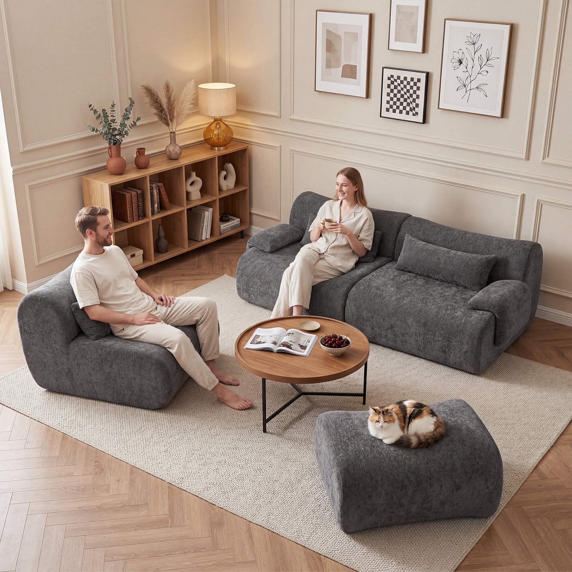 117" No Assembly Modular Boneless Sofa, L-Shaped Deep Seat Cloud Couch with Reversible Ottoman