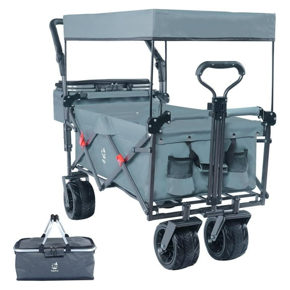 Collapsible Wagon 140L - Folding Wagon Cart with Canopy & Brake for Beach, Camping, Shopping - Heavy Duty All-Terrain Utility Wagon