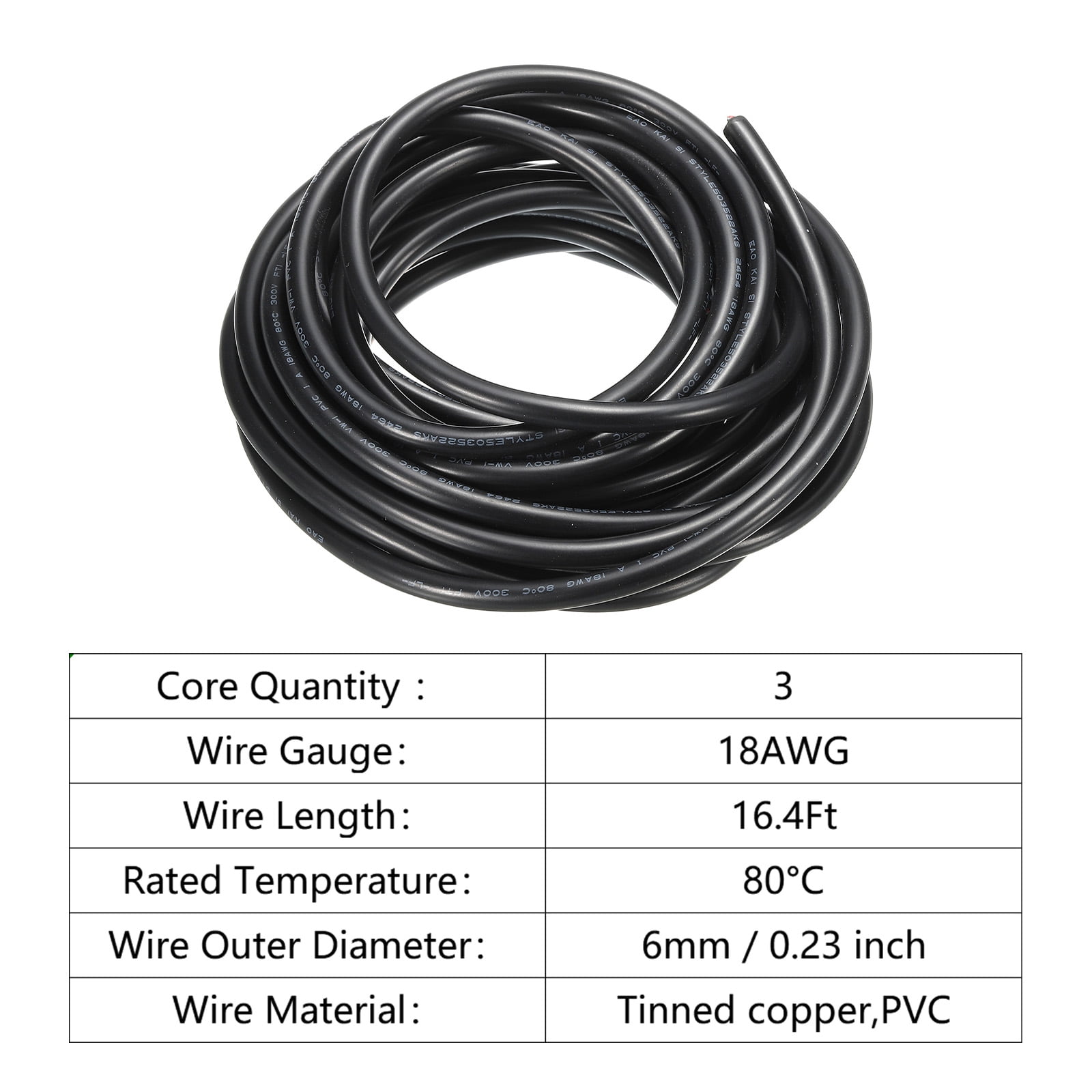 18AWG Electrical Wire 3 Conductors Tinned Copper 16.4Ft Low Voltage Case Flexible Extension Power Cord Black