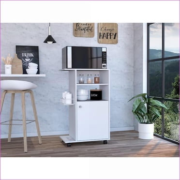 Hodedah Grey-Oak Microwave Kitchen Cart With Wood Shelves & Doors, Contemporary