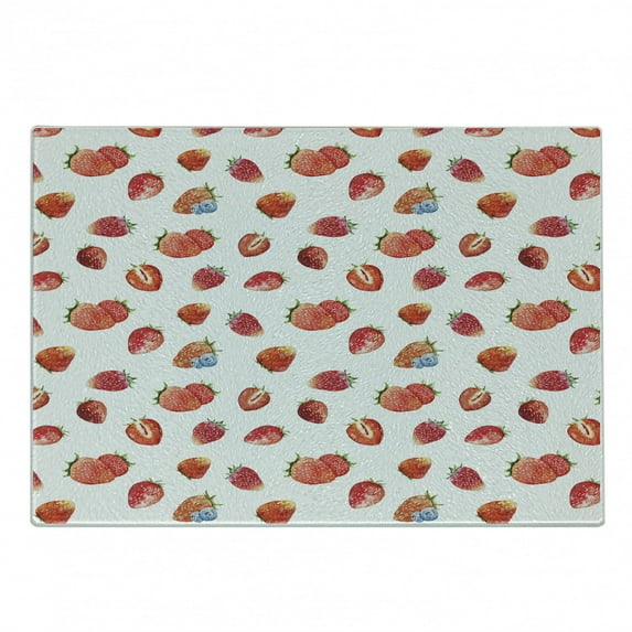 Watercolor Cutting Board, Pattern Ripe Strawberries Blueberries Tasty Fresh Fruits, Decorative Tempered Glass Cutting and Serving Board, Small Size, Slate Blue Vermilion, by Ambesonne