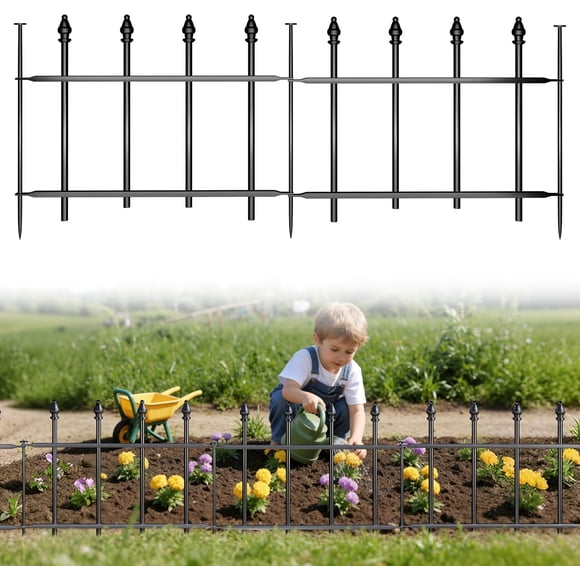 Decorative Metal Garden Fence,(5 Panels+ 6 Posts), 7 ft(W) x 11 in(H), Small Metal Border Fence, Classic Roman Column Decoration, Garden and Lawn Landscape Fence, Black Animal Fence