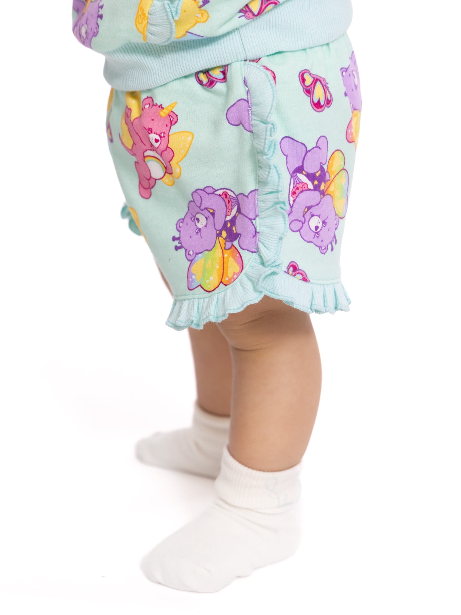 Care Bears Baby Girls Short Sleeve Allover Print Ruffle Shirt and Matching Shorts Set, 2-Piece, Sizes 0/3M-24M