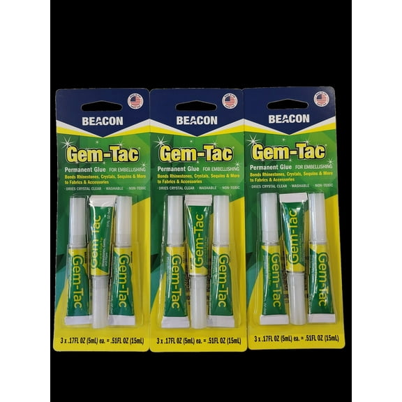 Beacon Gem-Tac Permanent Glue for Embellishing, MINI 3 Pack, 0.51 FL OZ Total, Clear - 3 PACKS