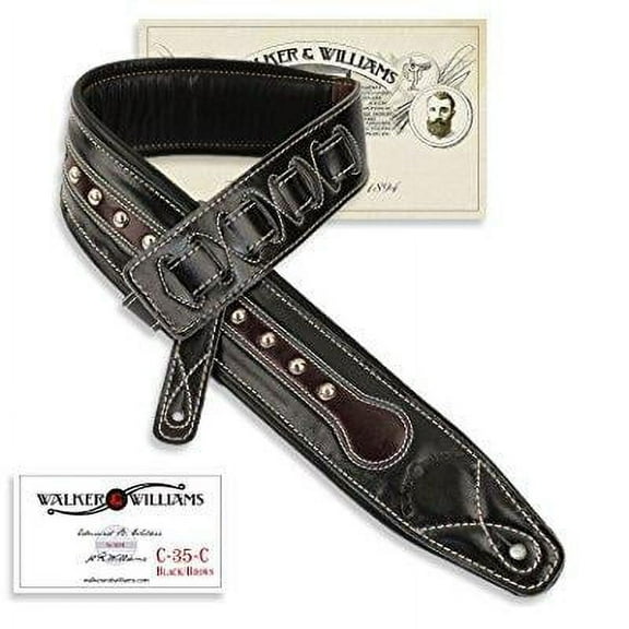 walker & williams c-35 custom black & brown premium top grain leather padded guitar strap with metal studs
