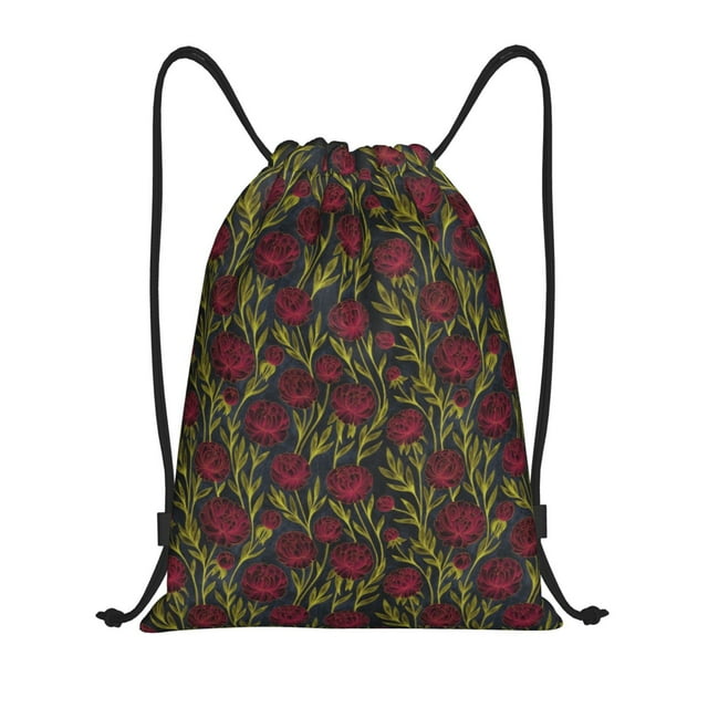 Xecao Burgundy Peony Flowers Pattern Sports Drawstring Backpack - String Swim Gym Bag with Wet Proof Pocket for Women&Men-Small