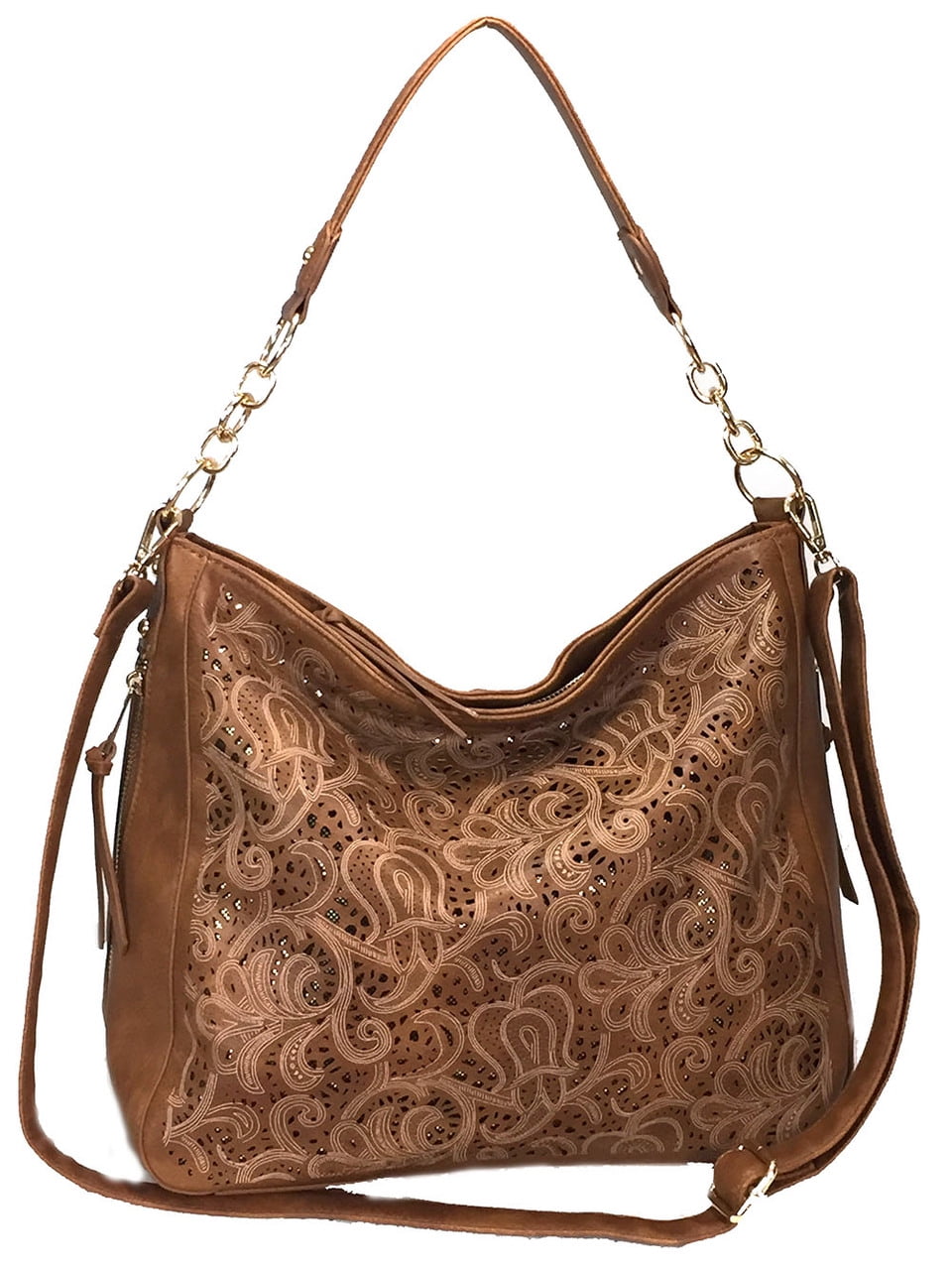 Zzfab Laser Cut Hobo fashion Purse Faux Leather Hobo Bag Brown