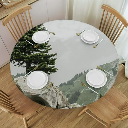 

Flower Floral Round Fitted Tablecloth Sunflower Poppy Barley Round Table Cloth with Elastic Edged Waterproof Wipeable Table Cover Fits Tables up to Diameter