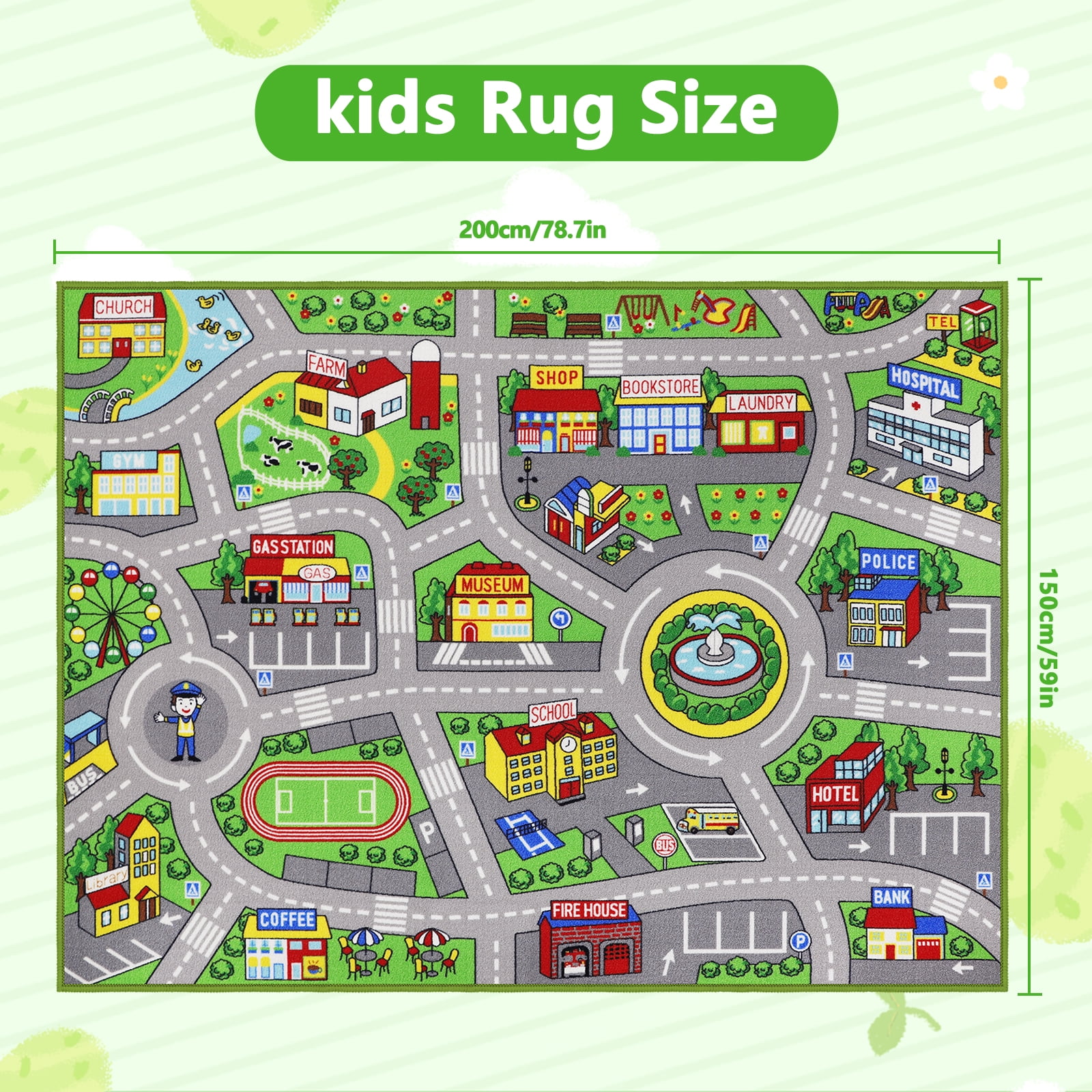 ORGOWEL Kids Carpet Playmat Area Rug Car Mat Play Rug for Playroom Educational Car Mat Machine Washable Non-Slip Kids Rug for Bedroom, Living Room,59"x78.7",Green