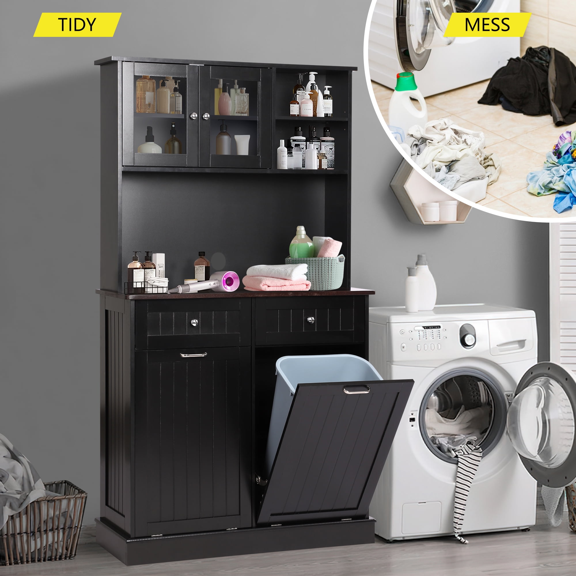 KIGOTY Kitchen Trash Cabinet, Double Tilt Out Trash Can Cabinet with Countertop and Drawer, Free-Standing Pet Proof Recycling Cabinet Garbage Can Holder (67"H,Black)
