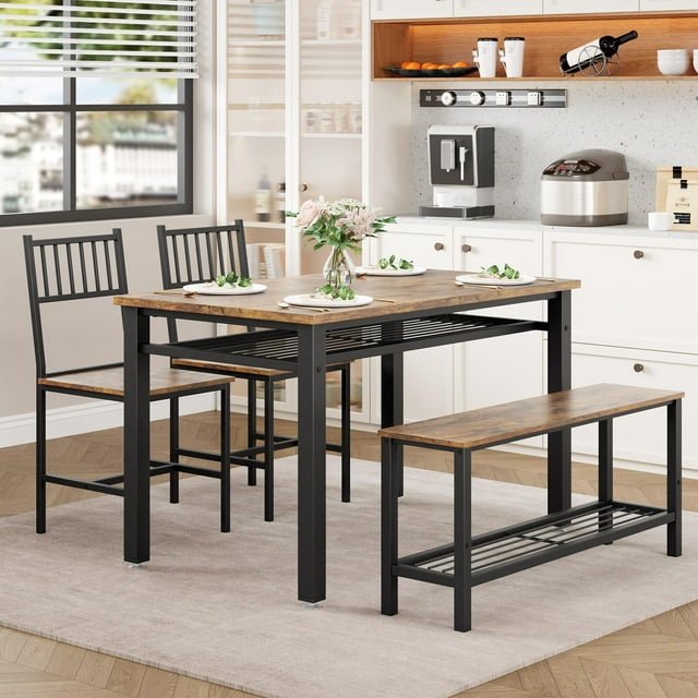 BeesClover Farmhouse Kitchen Table Chairs Set for 4, 47" Modern Dining Table with Bench & Chairs, Storage Shelf, Metal Frame, Space-Saving for Dining Room Kitchen Apartment