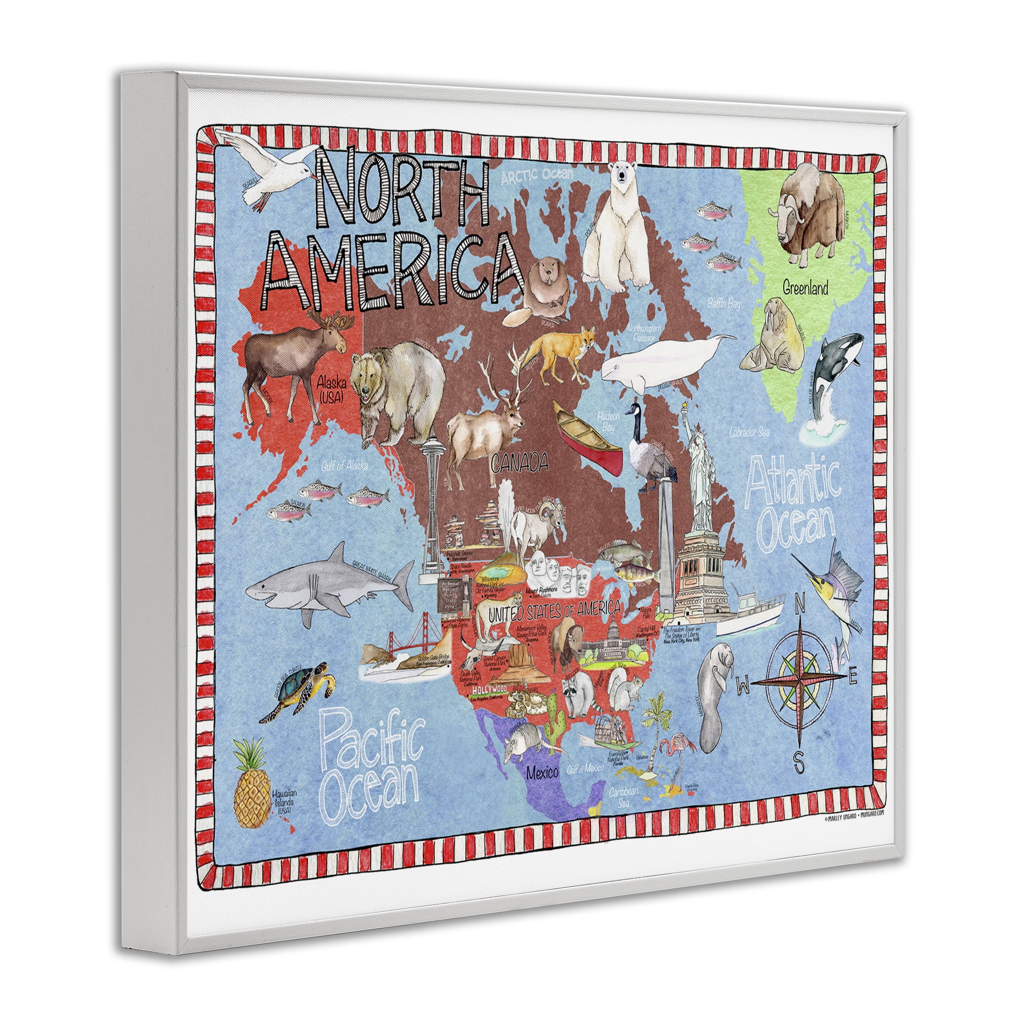 Stupell Industries North America Map Travel & Places Painting White Framed Art Print Wall Art, 20 x 16