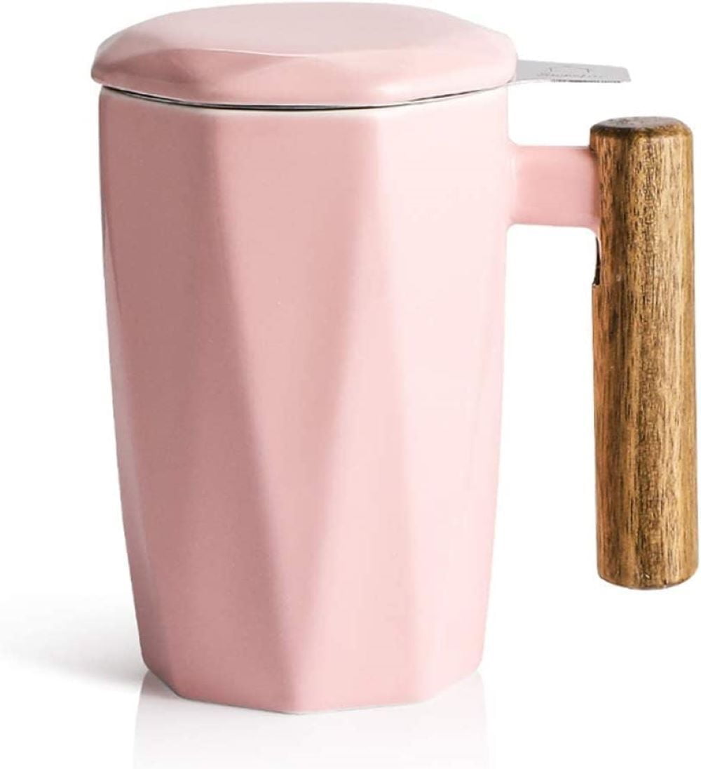 SWEEJAR Porcelain Tea Mug with Infuser and Lid, Wooden Handle, 17 Ounce