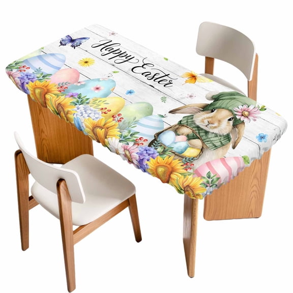 Spring Easter Table Cloths for 5 Foot Rectangle Tables, Watercolor Floral Rabbits Eggs Butterflies Wood Patio Waterproof Elastic Fitted Tablecloths, Washable Rectangular Table Cover for Camping