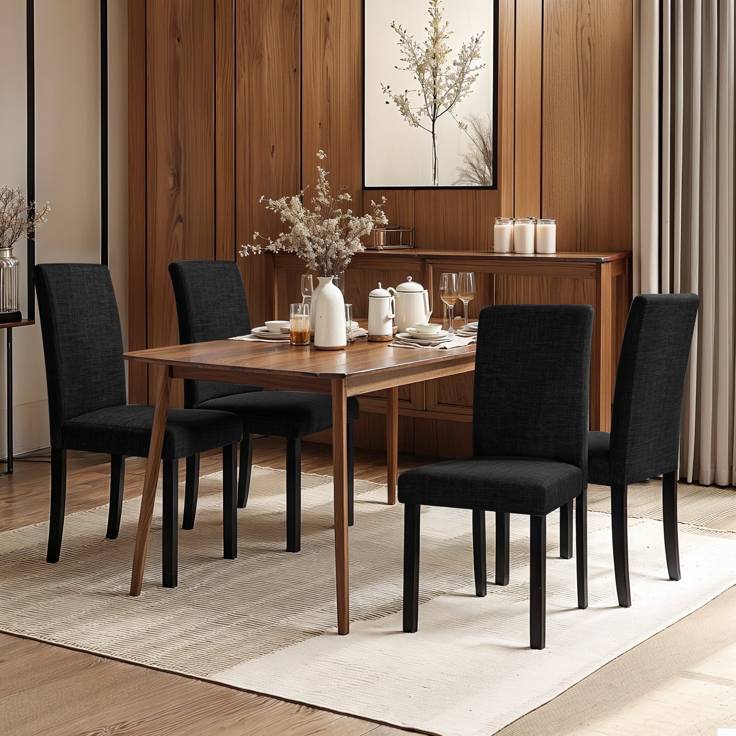 Set of 4 Upholstered Linen Fabric Dining Chairs with Solid Wood Legs for Kitchen Dining Room, Black
