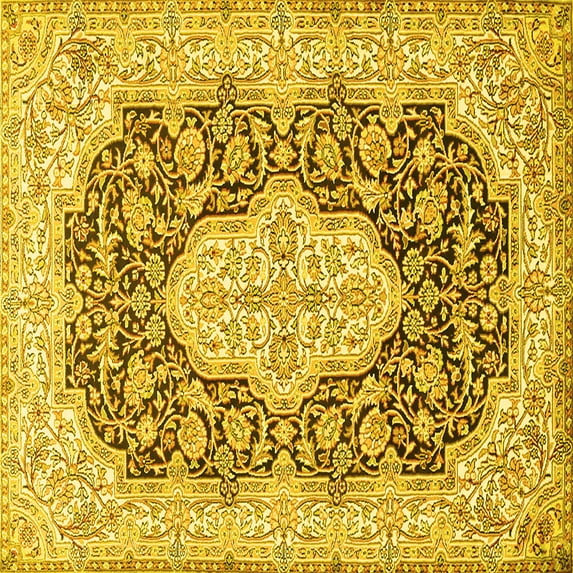 Ahgly Company Machine Washable Indoor Square Medallion Yellow Traditional Area Rugs, 3' Square