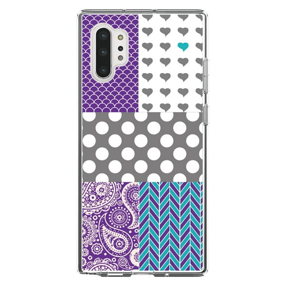 DistinctInk Clear Shockproof Hybrid Case for Galaxy Note 10 PLUS (6.8" Screen) - TPU Bumper, Acrylic Back, Tempered Glass Screen Protector - Purple Teal Grey Patterns