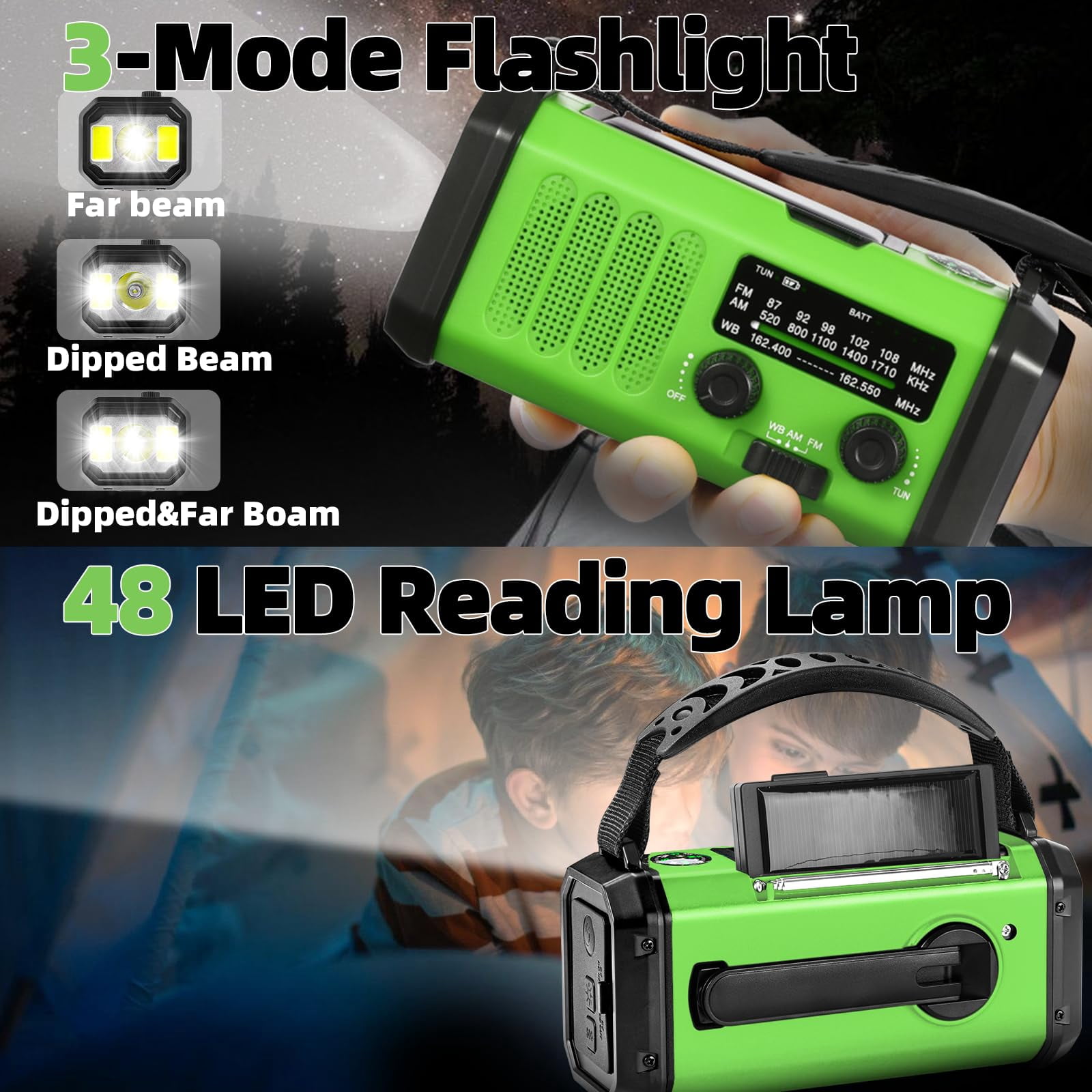 Hand Crank Emergency Radio 37000mwhsolar Portable Noaa Am Fm Weather With 3mode Flashlight And Reading Light Cell Phone Home Distress Signal (green)