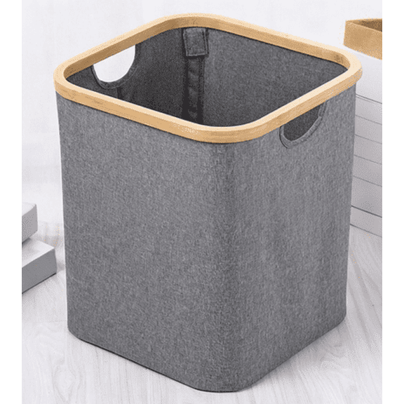 Jademall Collapsible Laundry Basket with Bamboo Rim, 13x13x15" Foldable Fabric Storage Bin with Handles for Clothes, Toys & Books, Grey