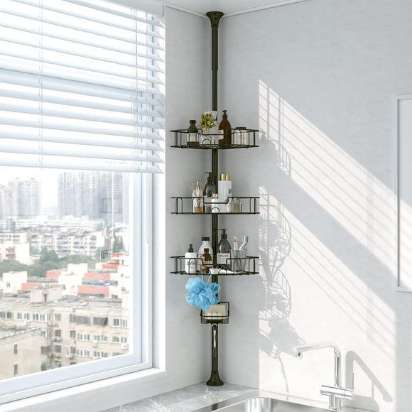 Panier de Douche à Tension, Support de Douche d'Angle Antirouille Organisateur de Rangement avec Poteau à Tension pour Salle de Bain Baignoire Shampooing Savon P