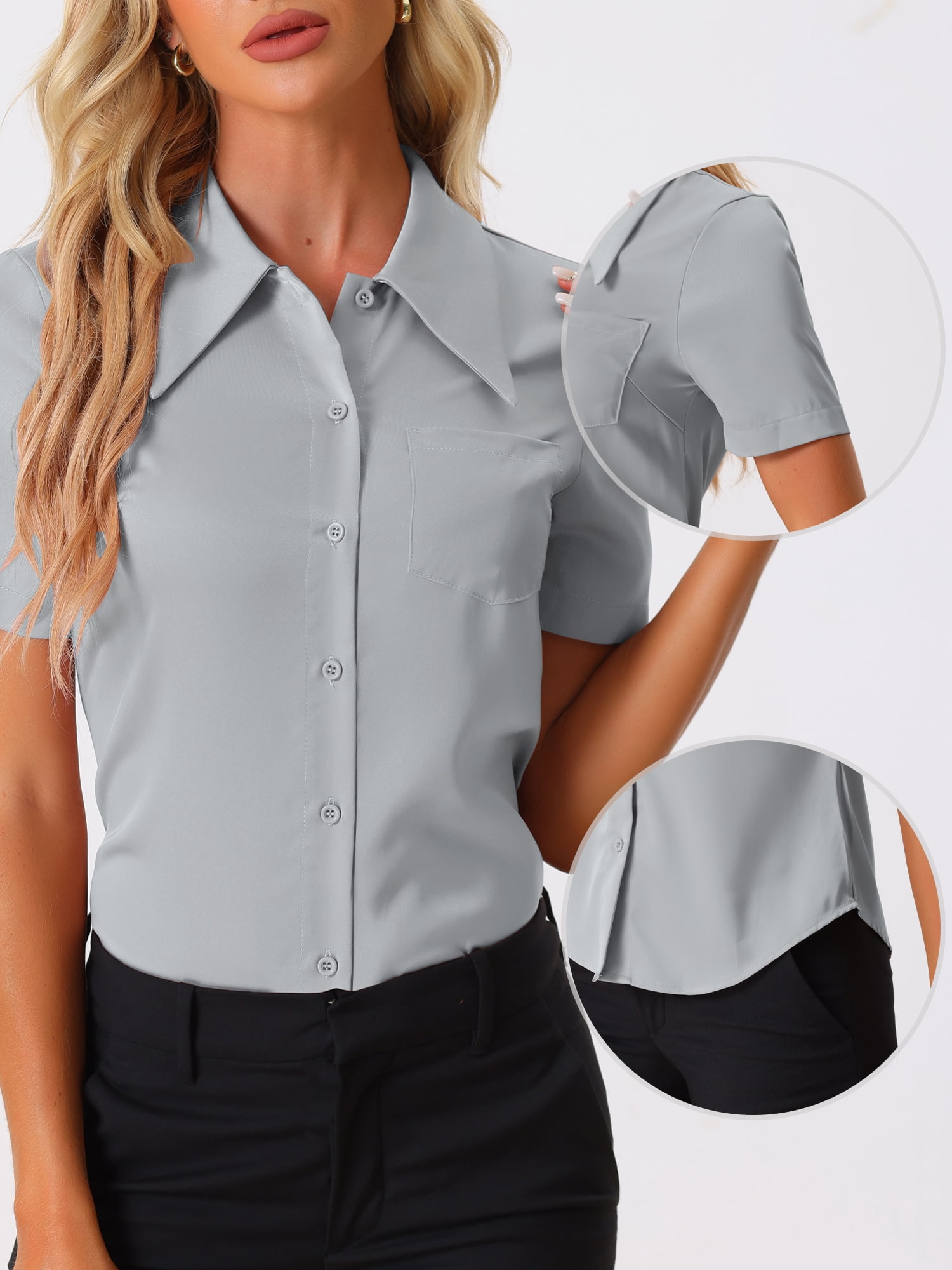 DARING DIVA Women's Button Down Short Sleeve Collared Satin Silky Blouses XS Grey