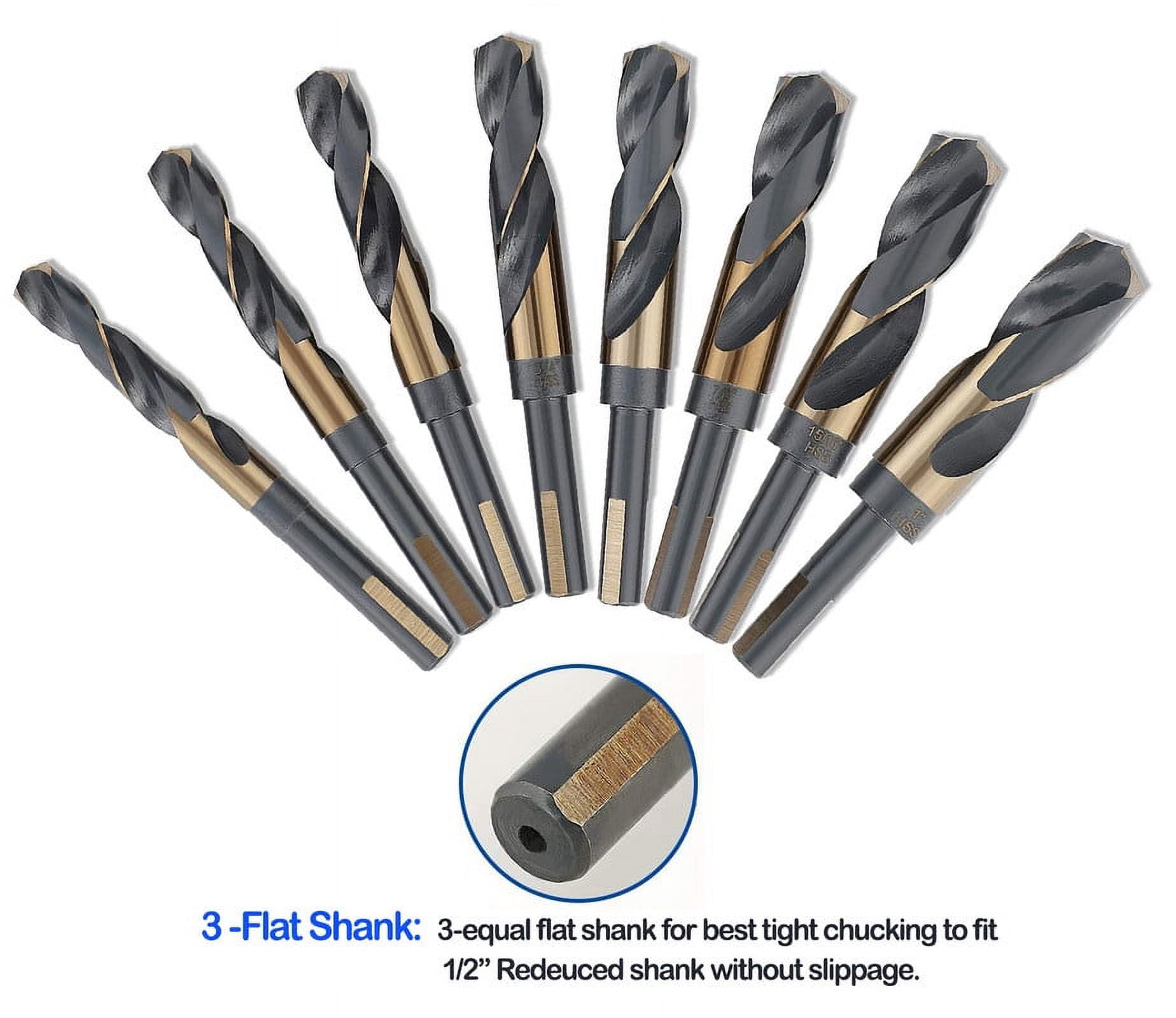 8Pcs HSS Silver and Deming Drill Bit 1/2" Reduced 3-Flat Shank Golden/Black Oxided 135 Deg.Split Point
