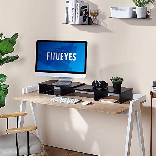 FITUEYES Dual Monitor Stand - 3 Shelf Computer Monitor Riser, Wood Desktop Stand with Adjustable Length and Angle, Desk Accessories, Office Supplies