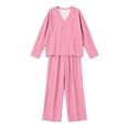 thumbnail image 6 of sdhkgrrt Women's Plus Size 2 Piece Pajama Outfit Striped V Neck 3/4 Sleeve Blouse Wide Leg Pants Casual Boho Lounge Set Loose Matching Travel Daily Tracksuits, Pink 3XL, 6 of 6