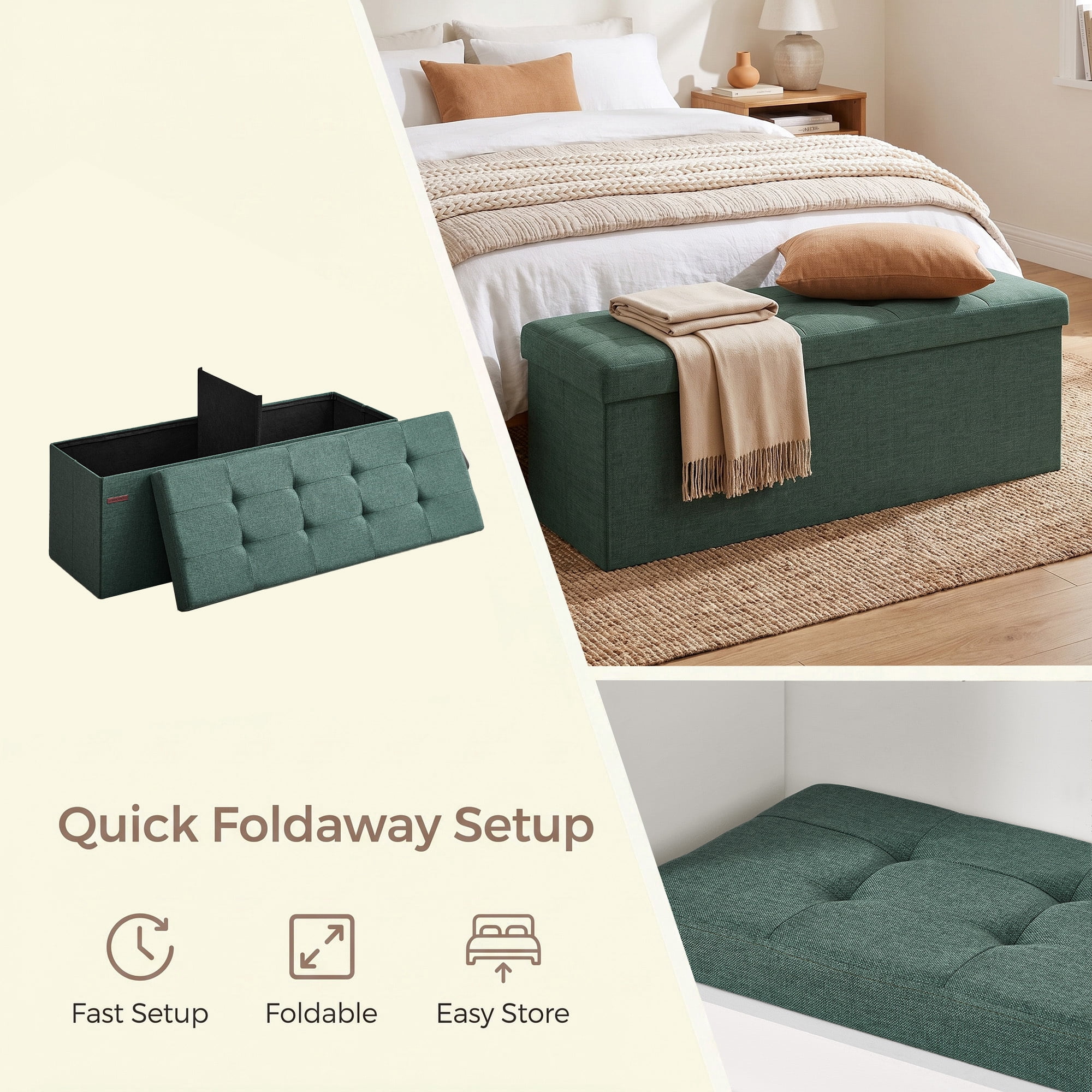 Ledrem Retro Green Foldable Storage Ottoman Bench with 660lb Capacity