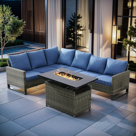 Gymojoy 2-Piece Patio Furniture Set with Fire Pit Table, All Weather Outdoor Sectional PE Rattan, Patio Conversation Sets with Cushions for Garden Lawn Balcony Porch Deck