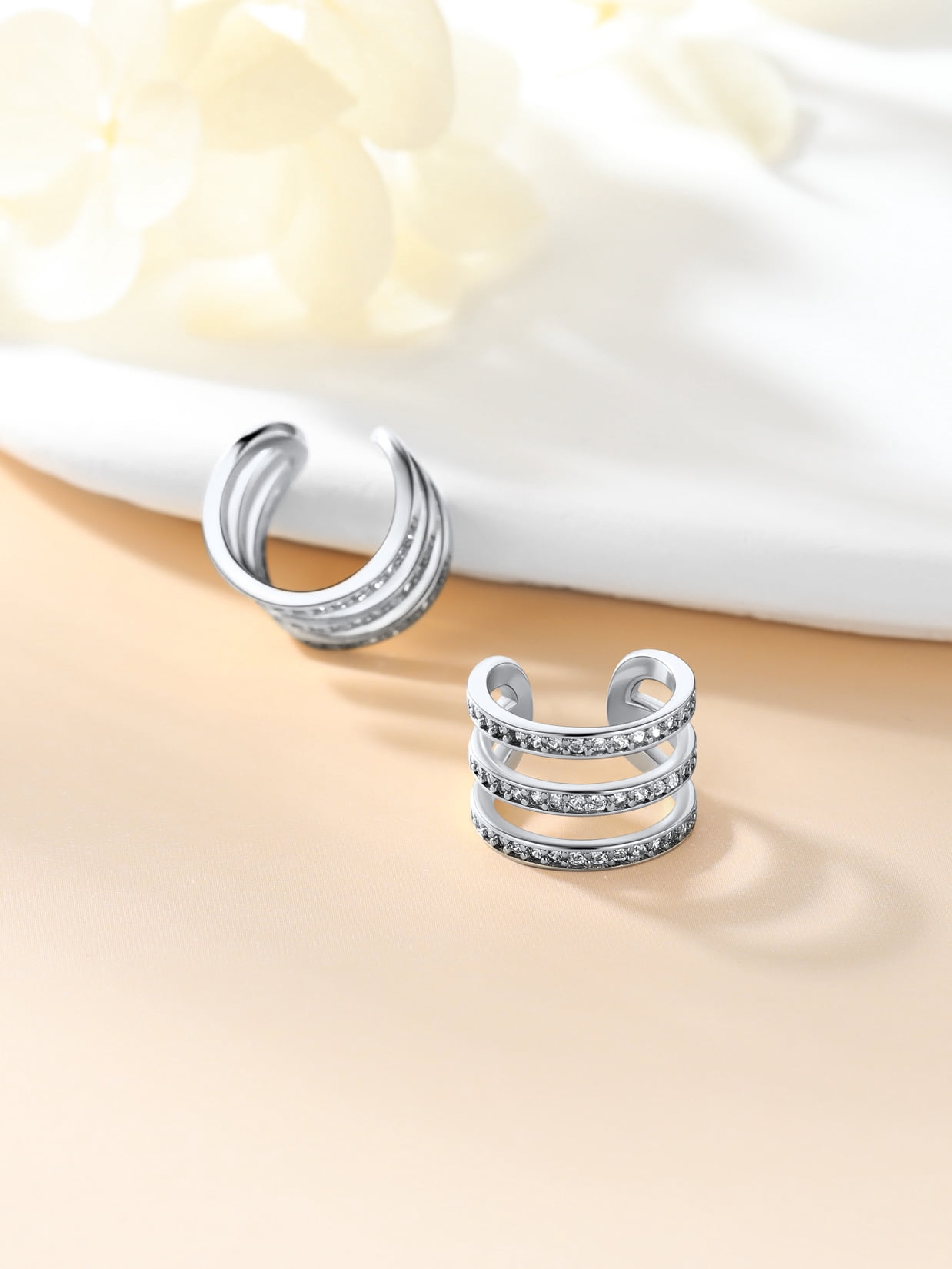 Suplight 925 Sterling Silver White Gold Plated Ear Cuffs Earrings for Women, Three Layer Zircon Earrings Clip On Cartilage Earrings