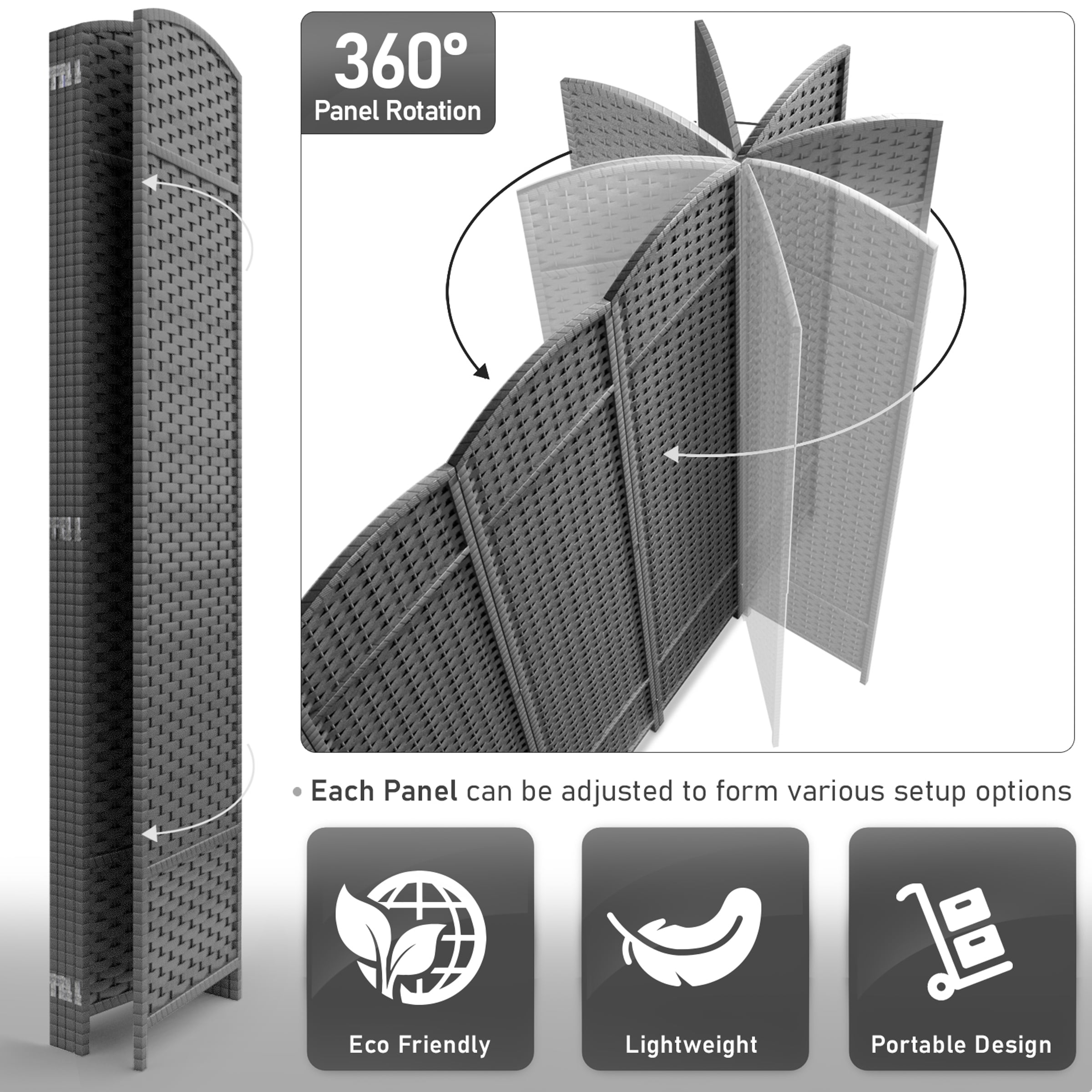 Sorbus 5-Panel Wide Folding Room Divider Privacy Screen, Hand-Woven Gray Mesh