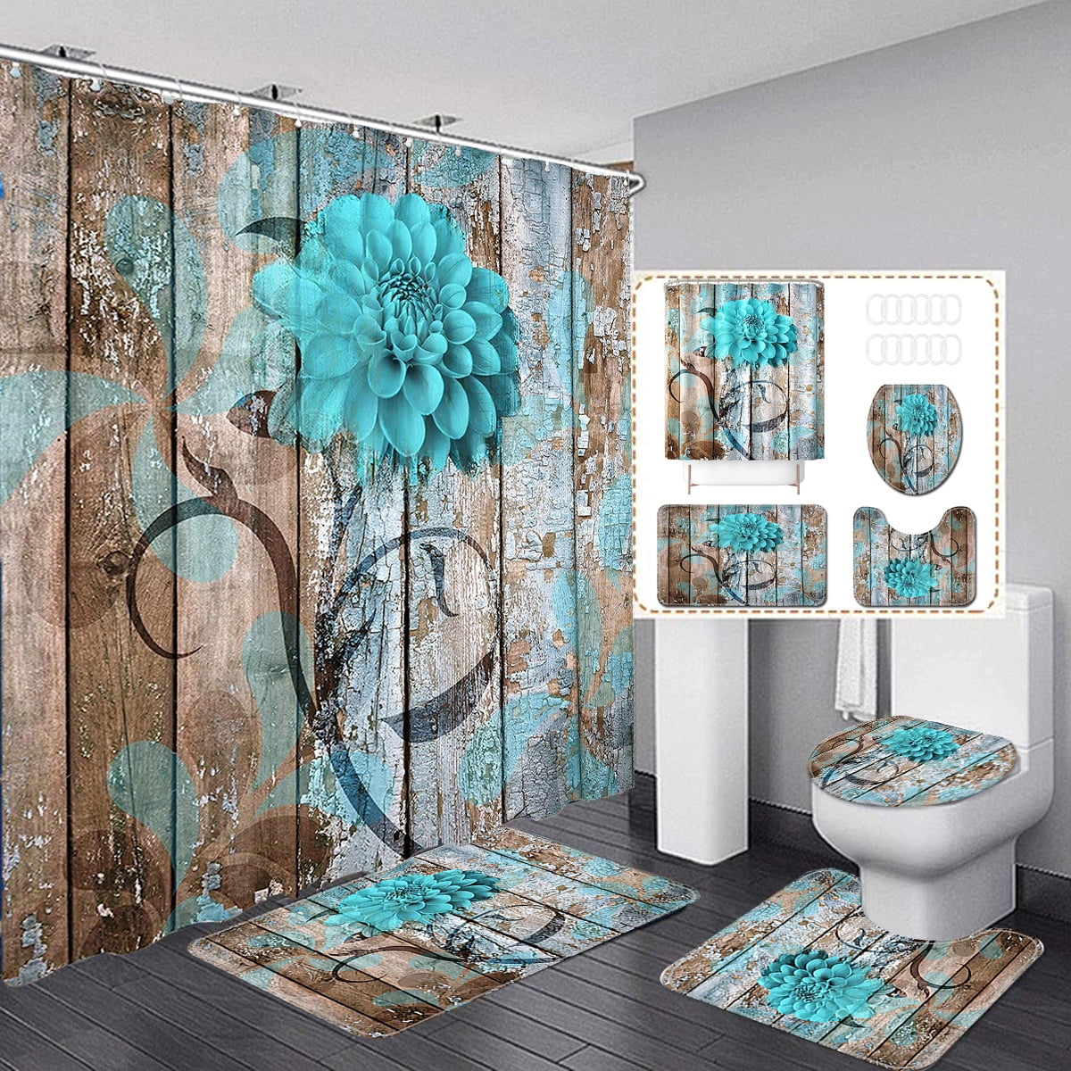 4pcs Bohemian Flower Bathroom Set, Waterproof Shower Curtain With 12 Hooks,  Non-Slip Bathroom Rug, Toilet U-Shape Mat, Toilet Lid Cover Pad, Aesthetic