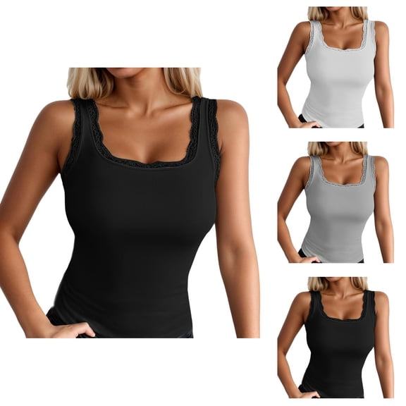 Womens Tank Tops with Built in Bras Square Neck Lace Neckline Padded Sleeveless Shirt Summer Outfits