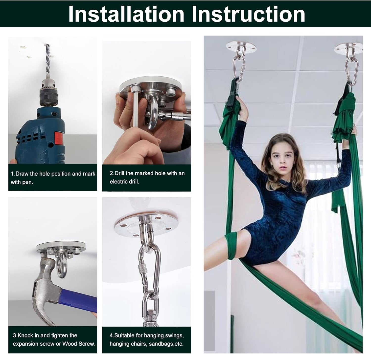 1 Set Heavy Duty Swing Hangers Set 304 Stainless Steel Swing Hardware Hooks Yoga Hooks 360° Rotate with Spring Clasps and Screws for Concrete Wooden Sets Playground Porch Seat Trapeze Yoga Hammock
