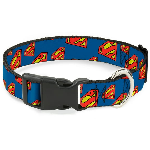 DC Comics Pet Collar, Dog Collar Plastic Buckle, Super Shield Diagonal Royal Blue Red, 7 to 8.5 Inches 0.5 Inch Wide